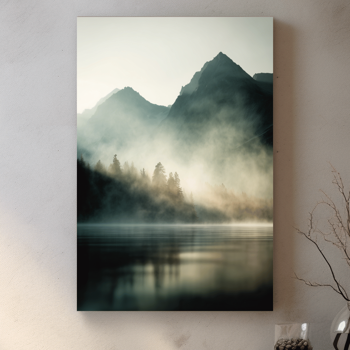 Moody Misty Mountain Lake Landscape - Serene Foggy Pine Forest Wall Art