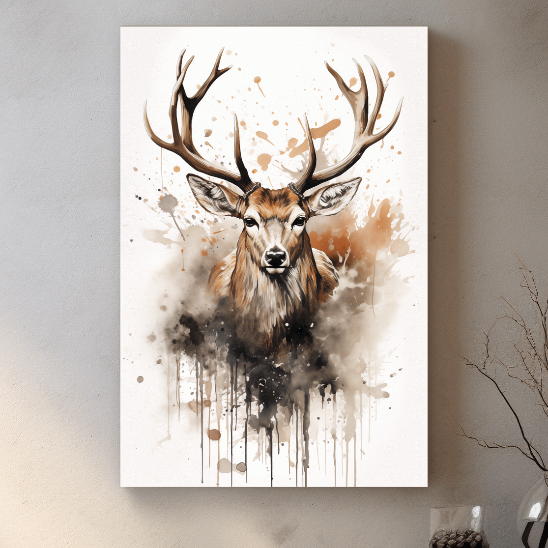 Majestic Stag Watercolor Splash Painting - Rustic Wildlife Wall Art
