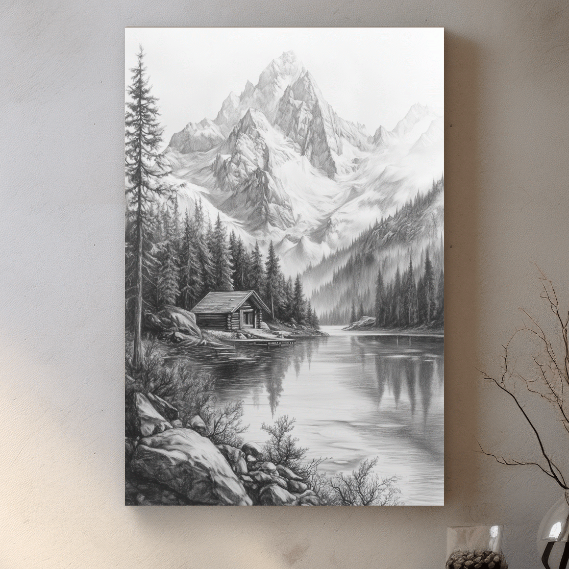 Monochrome Alpine Lake Cabin Sketch Art - Mountain Drawing Wall Art