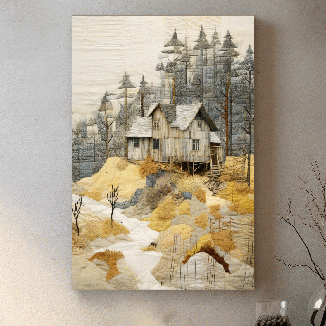 Rustic Woodland Cabin Landscape Quilt Art - Patchwork Style Mixed Media Wall Art