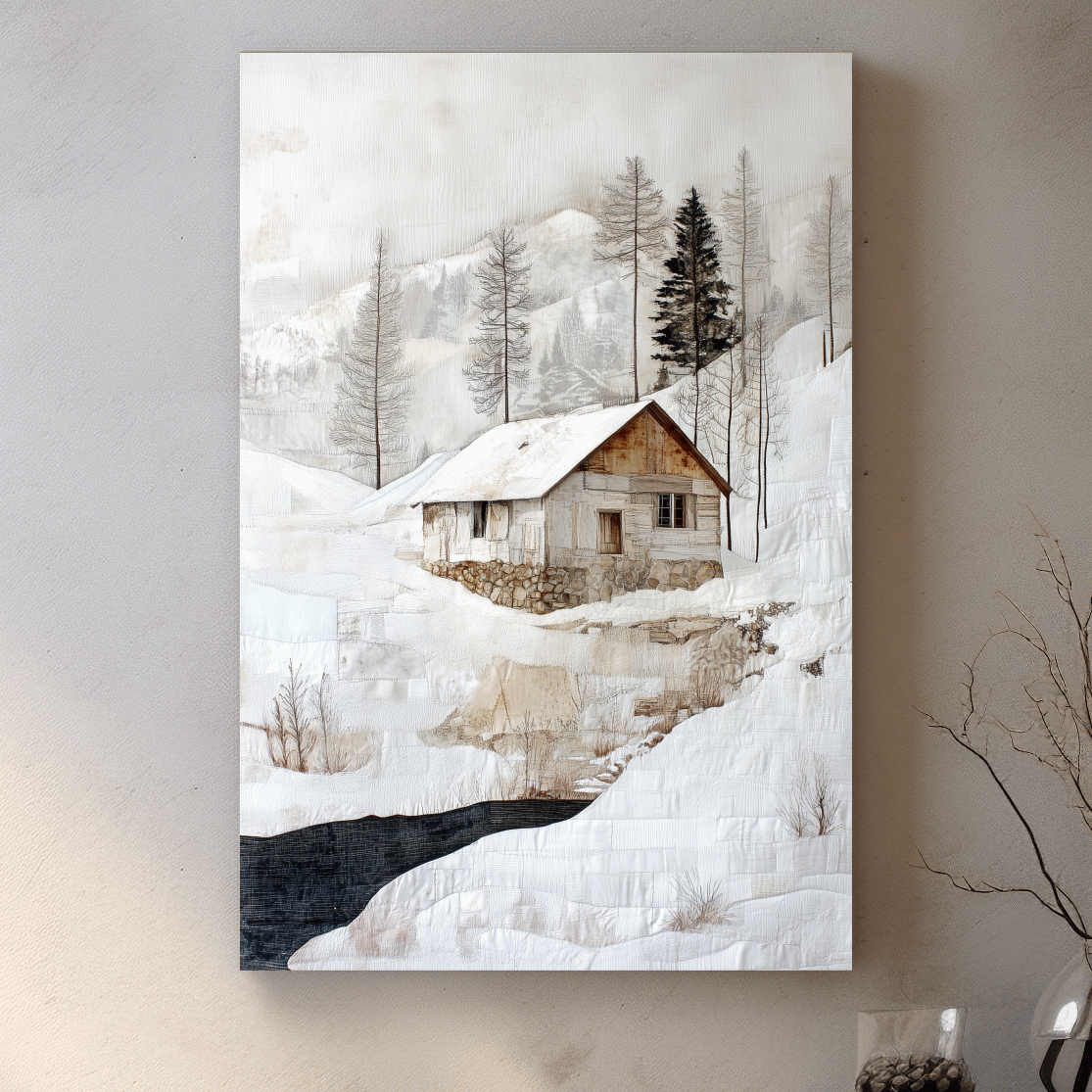Snowy Mountain Cabin Textured Painting - Winter Landscape Wall Art