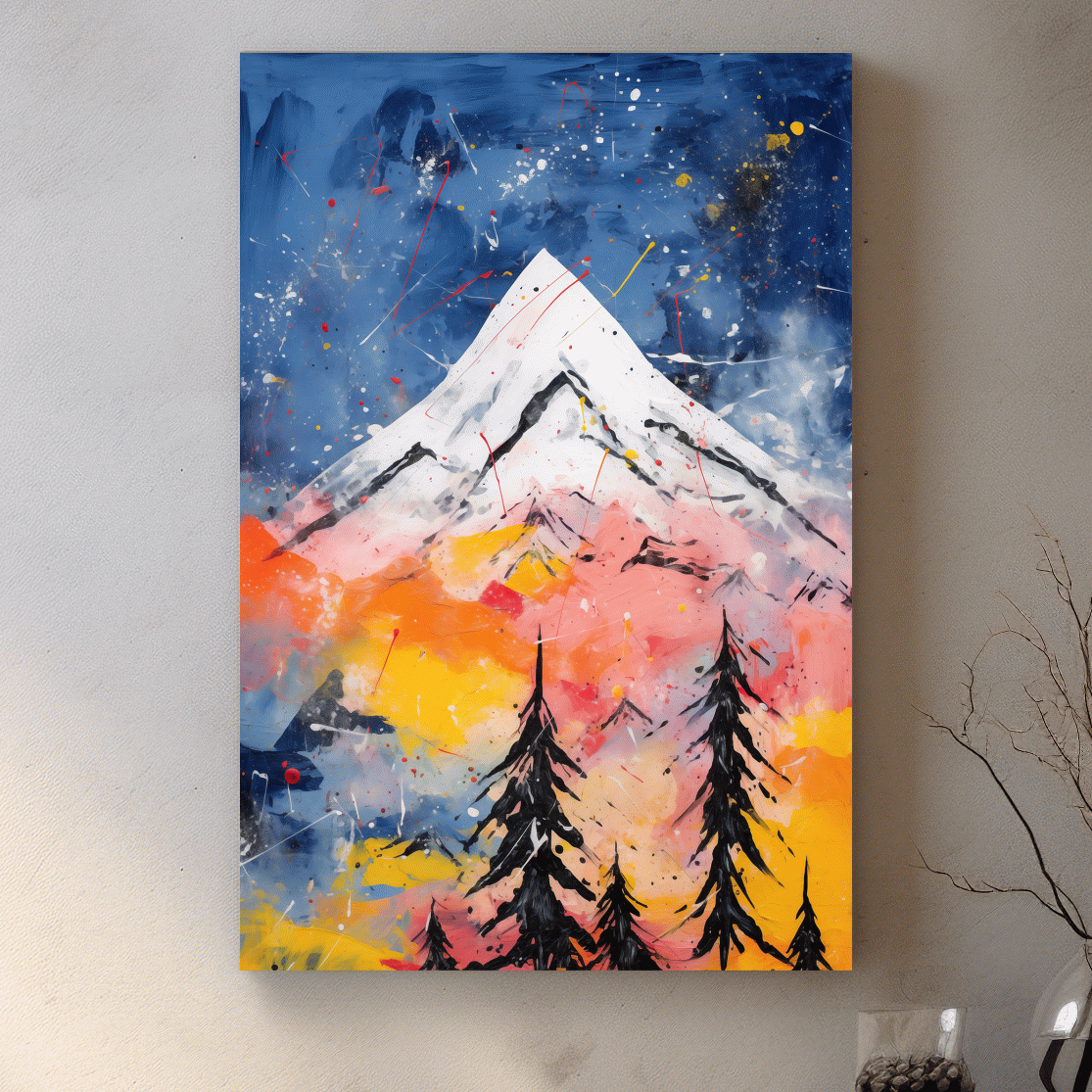 Vibrant Abstract Mountain Peak Sunset Painting - Colorful Acrylic Splash Forest Wall Art