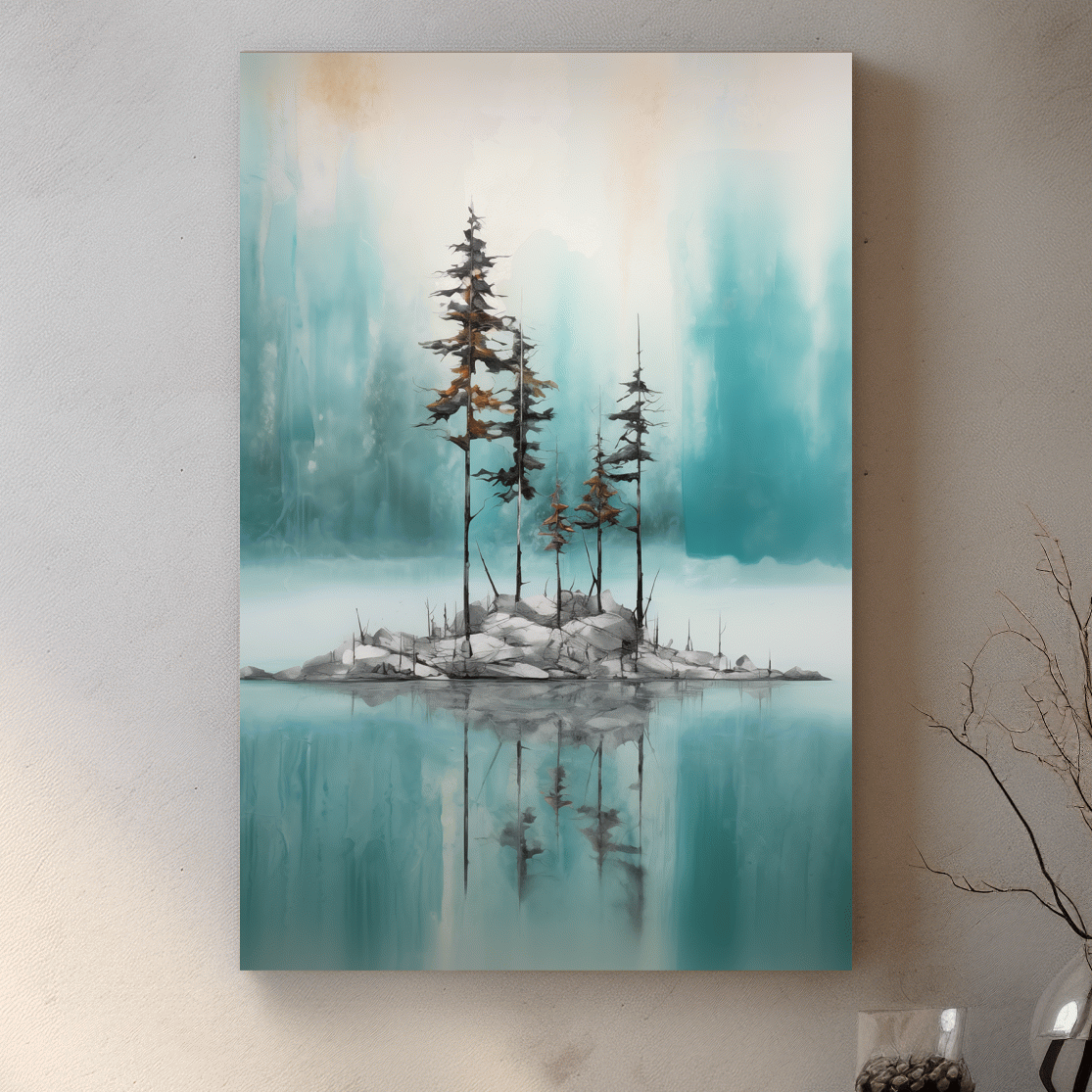 Misty Pine Trees Reflection - Watercolor Turquoise Alpine Lake Wall Art