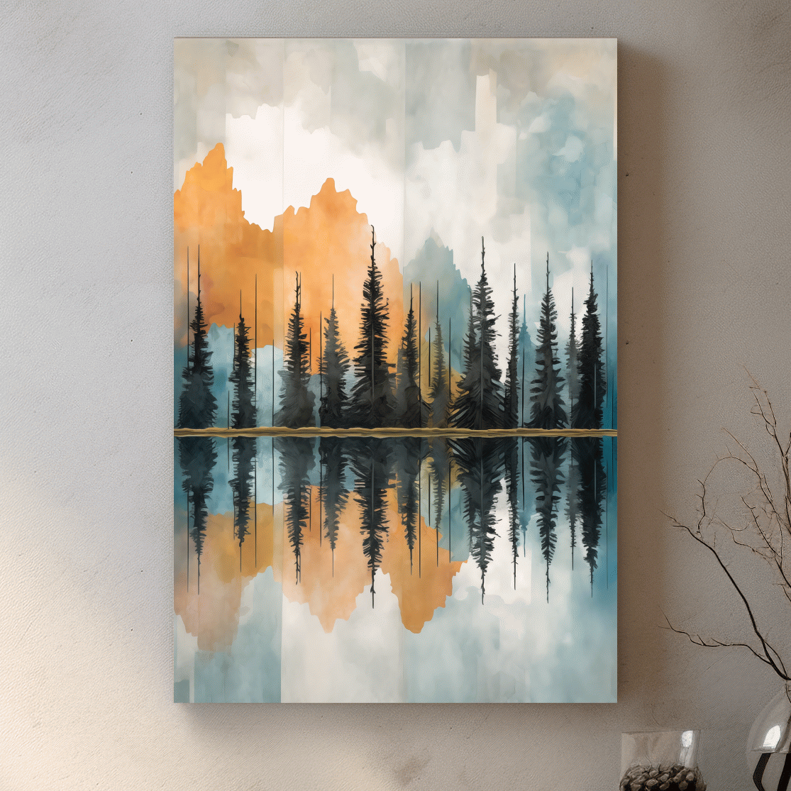 Abstract Watercolor Mountain Lake Reflection - Alpine Forest Landscape Artwork