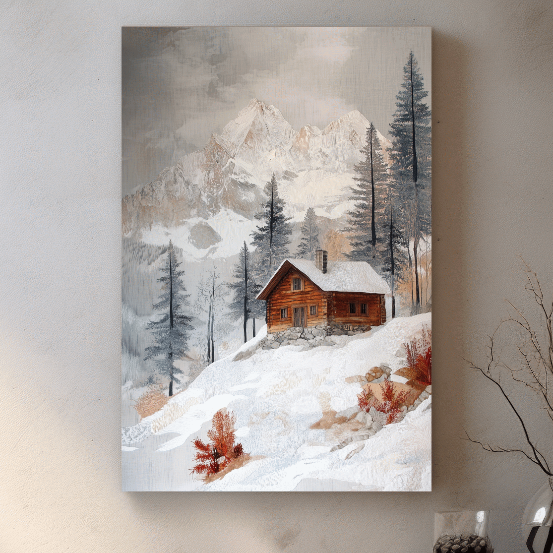 Snowy Mountain Cabin Landscape Painting - Rustic Winter Wilderness Wall Art