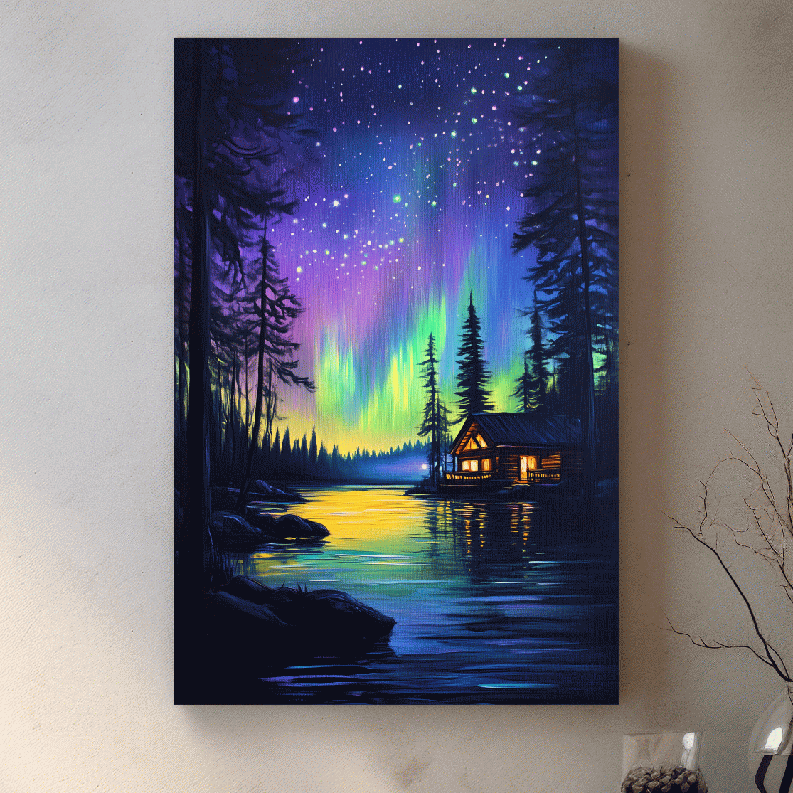 Vibrant Northern Lights Lakeside Cabin Painting - Aurora Borealis Night Landscape Wall Art