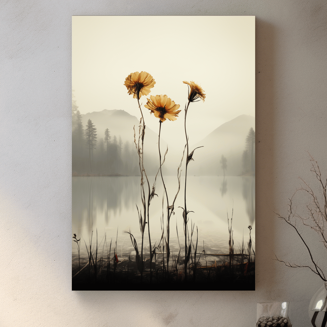 Wildflower Misty Lake Landscape - Minimalist Botanical Wall Art