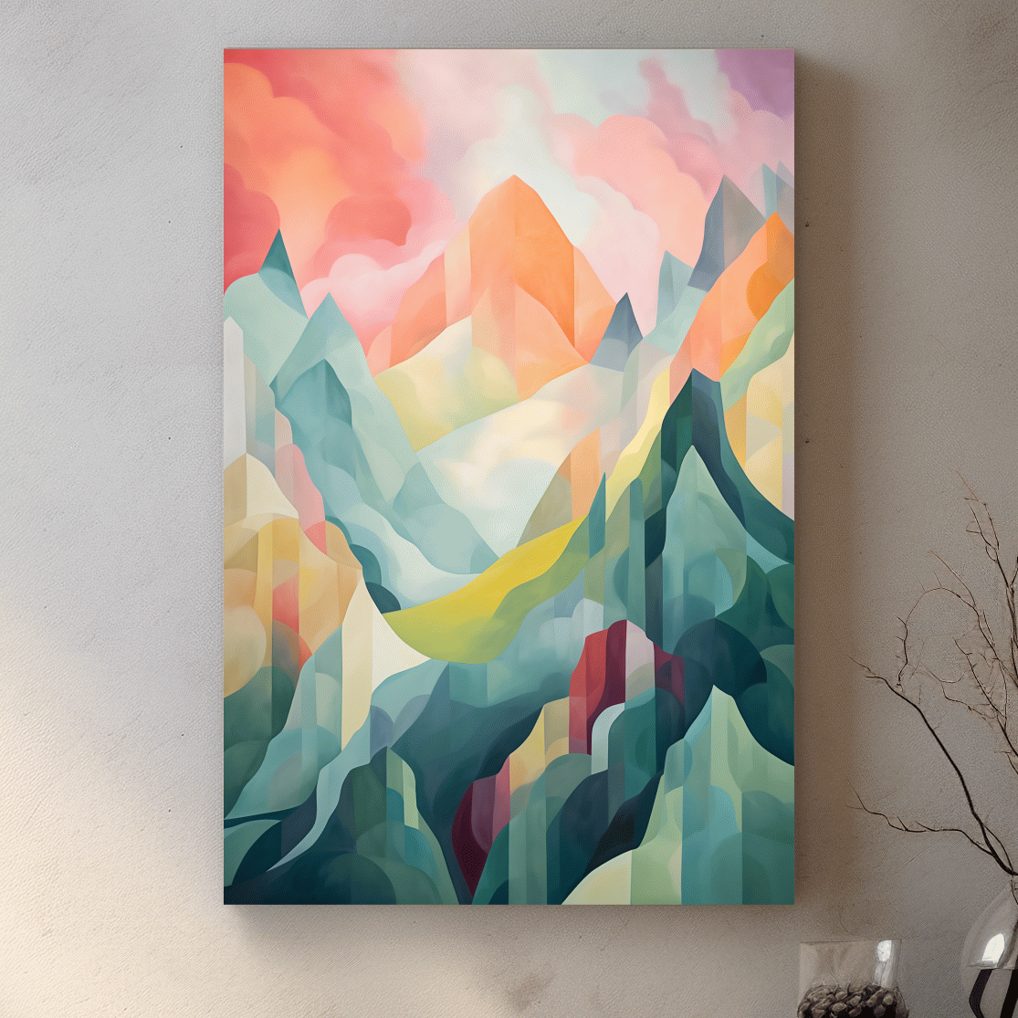 Vibrant Abstract Pastel Mountain Sunset - Geometric Watercolor Style Wall Art