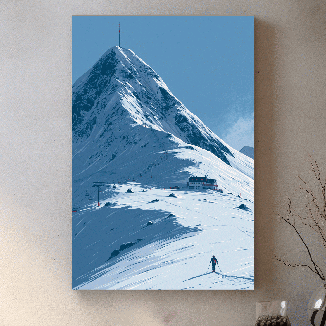 Alpine Mountain Skier Artwork - Minimalist Winter Landscape Wall Art