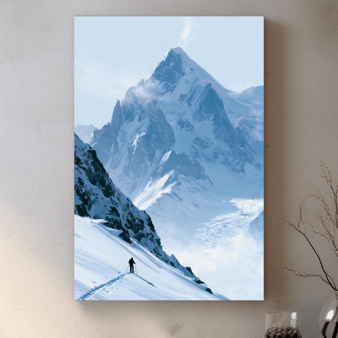 Backcountry Skier Alpine Peak Landscape - Minimalist Winter Mountain Wall Art