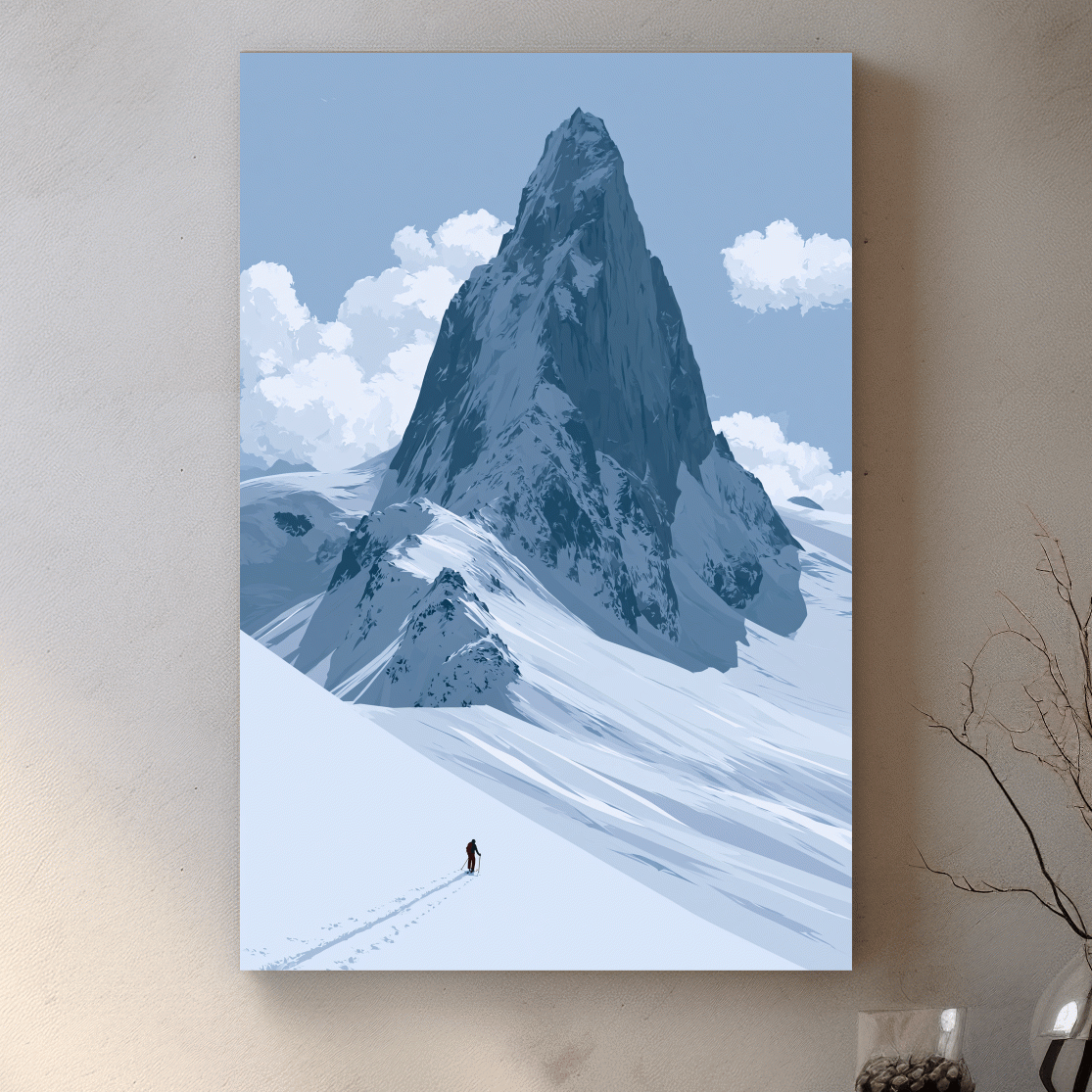 Backcountry Alpine Skier Illustration - Minimalist Mountain Landscape Wall Art
