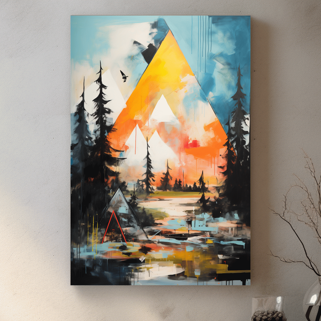 Vibrant Abstract Mountain Painting - Modern Geometric Alpine Forest Wall Art