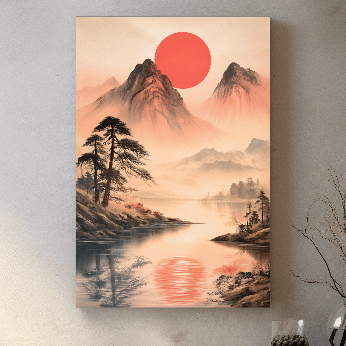 Zen Misty Mountain Lake Sunrise - Japanese Ink Wash Wall Art