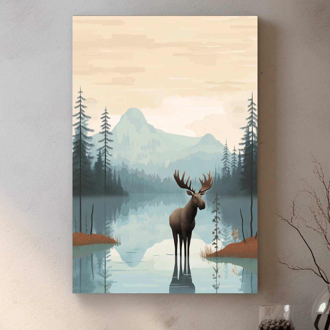 Moose Mountain Lake Illustration - Nursery Forest Mountain Wall Art
