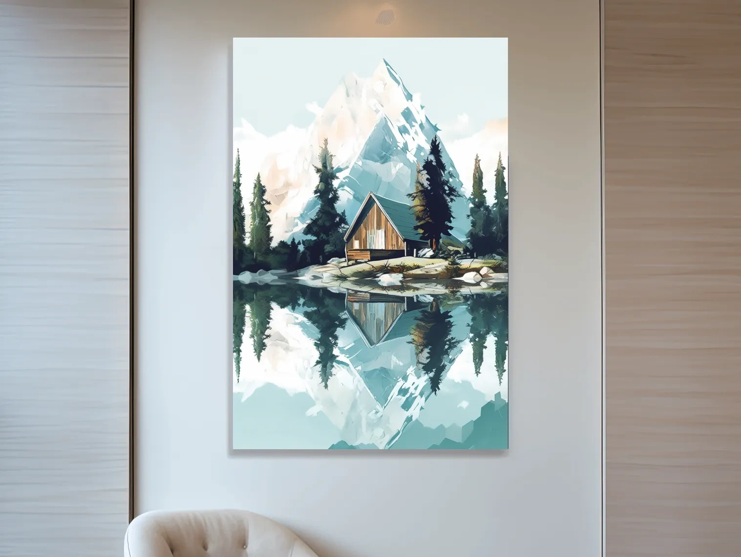 Serene Alpine Cabin Lake Painting - Mountain Landscape Wall Art
