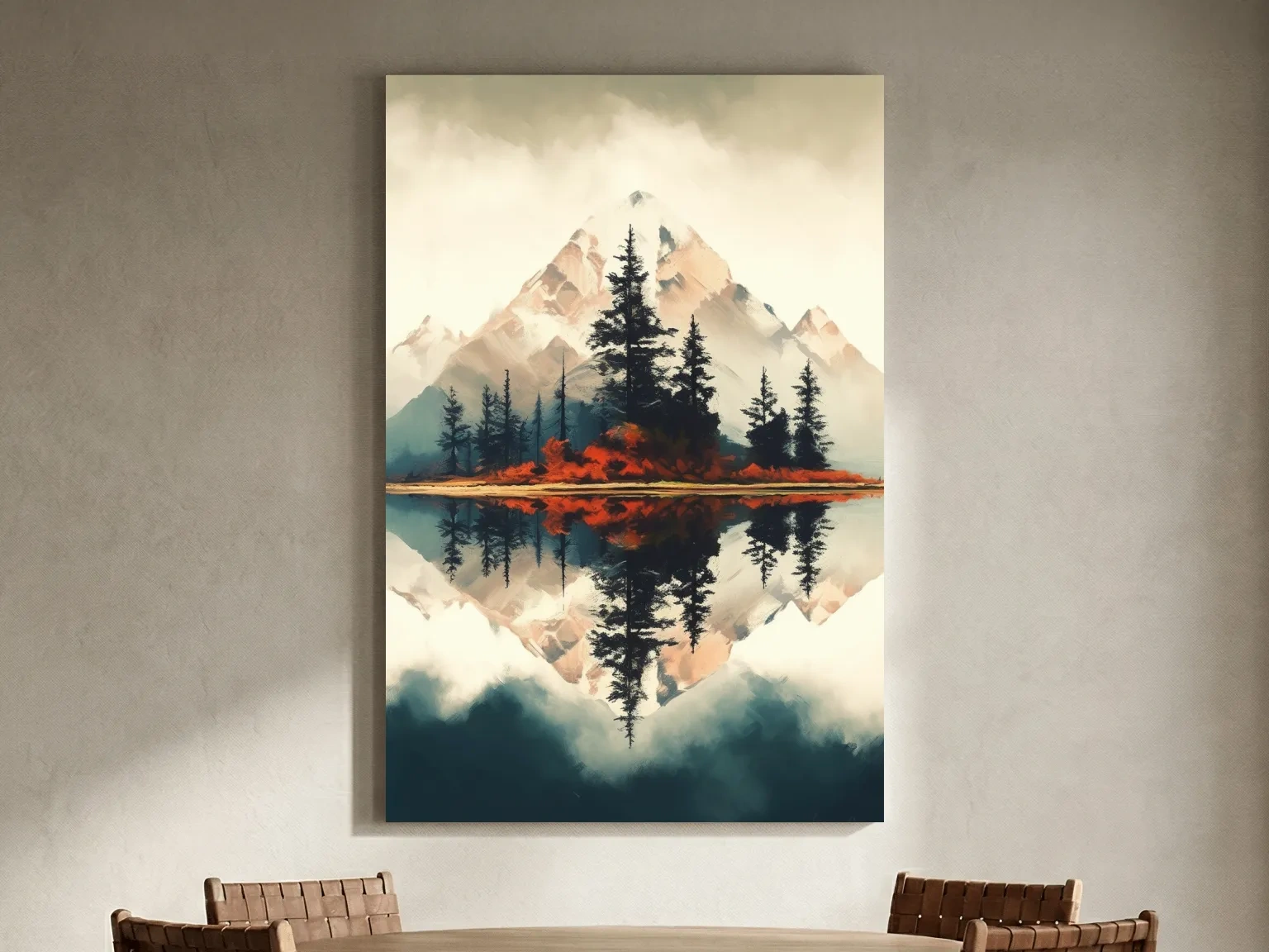 Minimal Mountain Lake Reflection With Pine Forest - Watercolor Landscape Wall Art