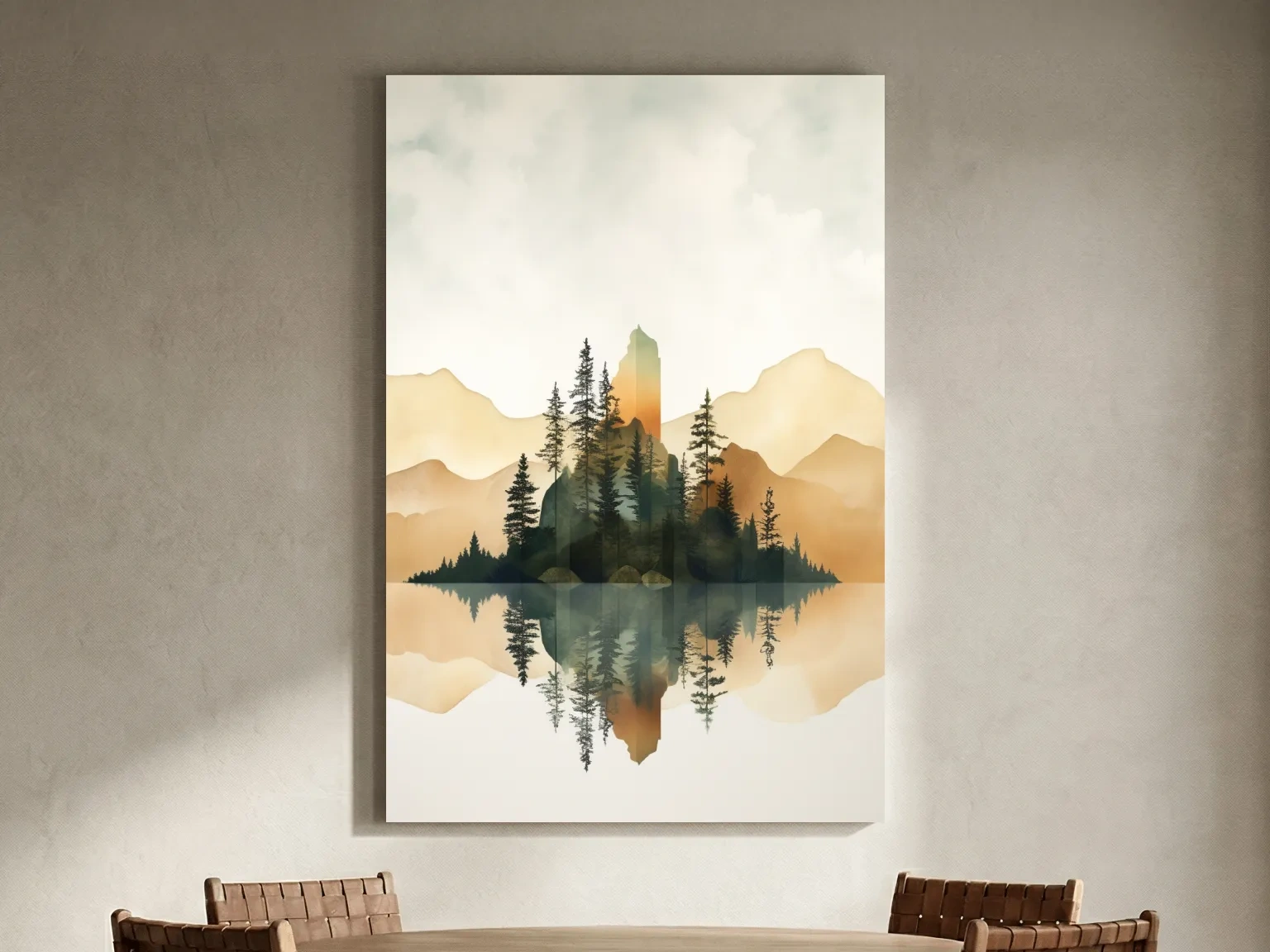 Alpine Mountain Lake Reflection Watercolor - Serene Pine Forest Wall Art