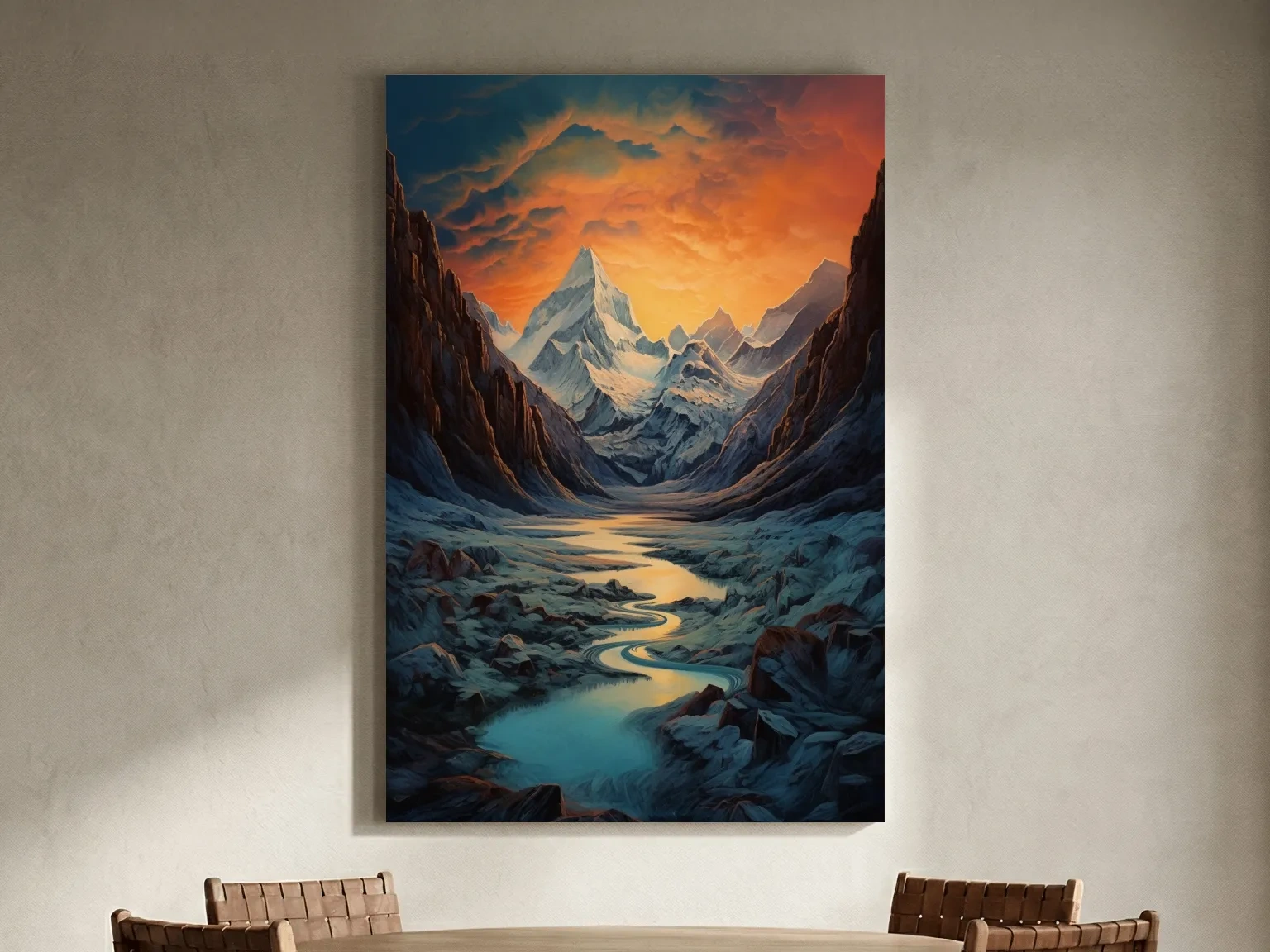 Oil painting of a glacier at sunset