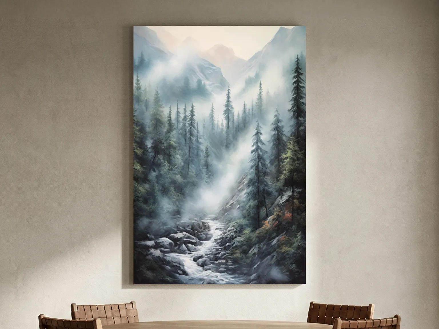 Misty Alpine Pine Forest River Painting - Moody Mountain Landscape Wall Art