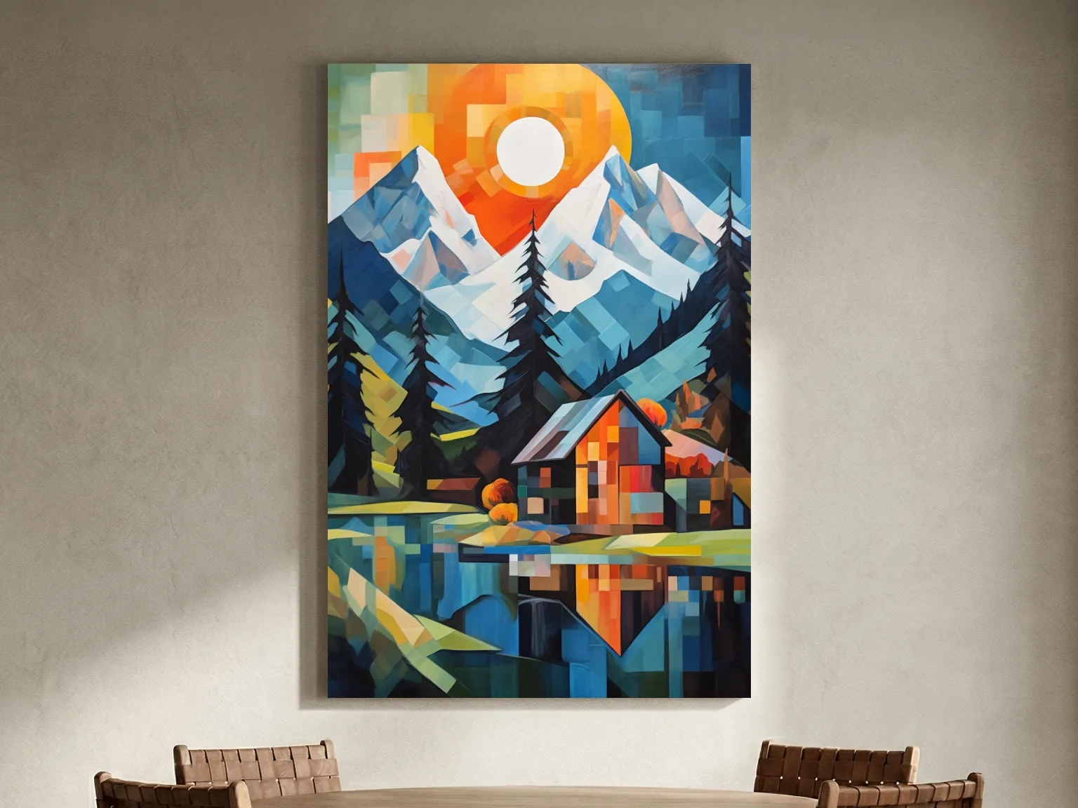 Geometric Alpine Cabin Lake Sunset - Vibrant Impressionist Mountain Wall Art