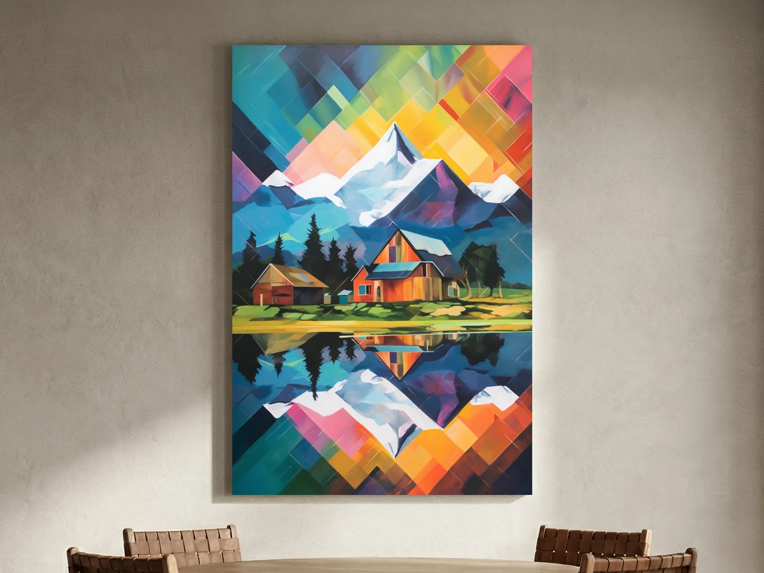 Vibrant Geometric Mountain Cabin Painting - Colorful Abstract Alpine Wall Art