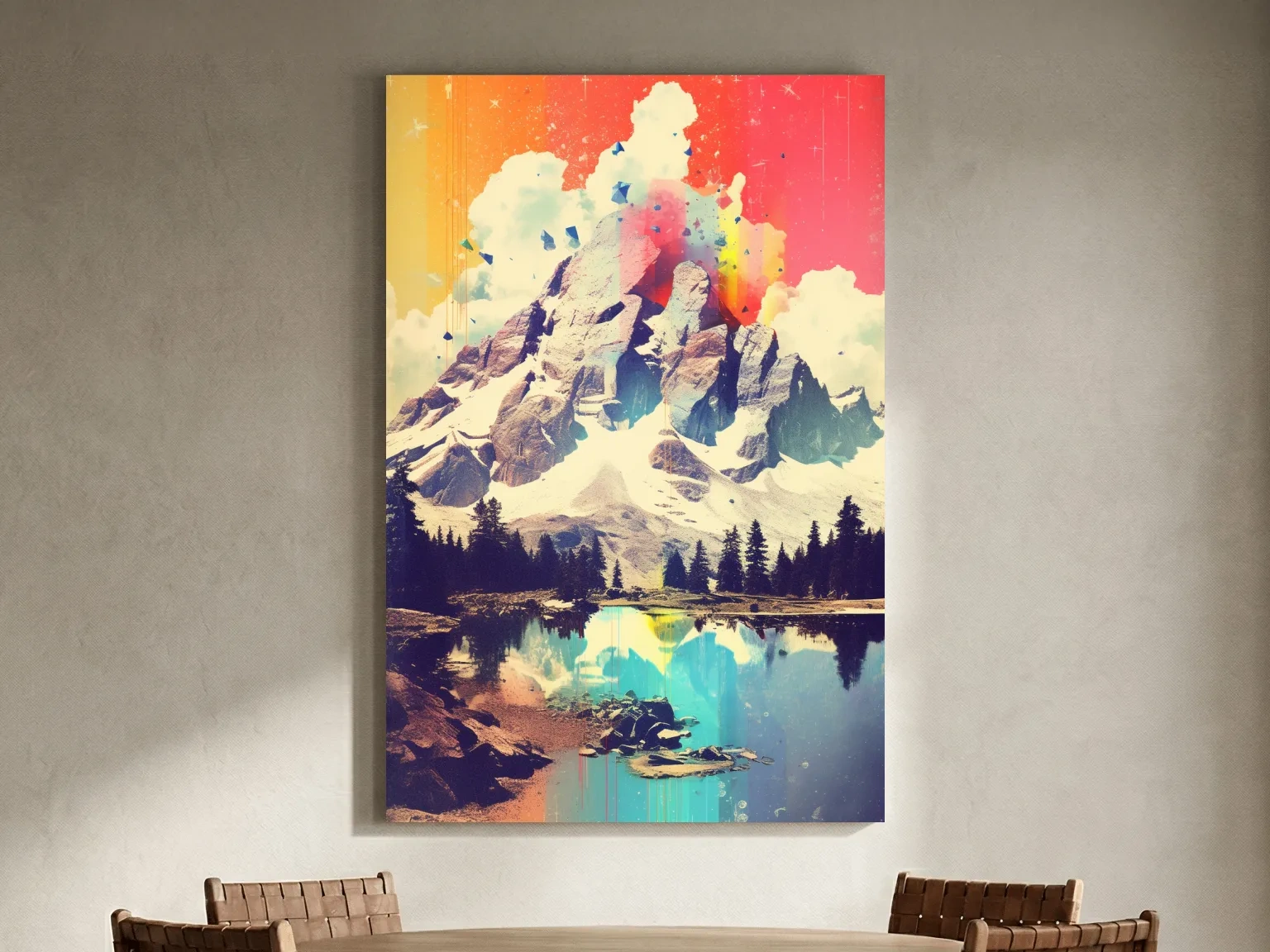 Vibrant Abstract Mountain Lake Painting - Colorful Alpine Landscape Wall Art