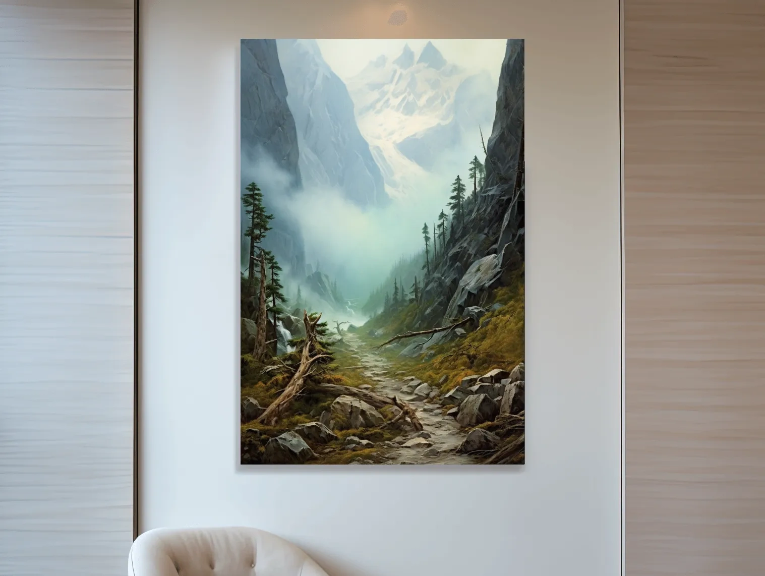 Painting of a foggy alpine scene