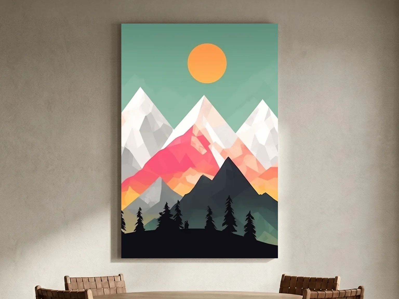 Geometric Sunset Mountain Peaks With Pine Silhouettes - Modern Colourful 2D Wall Art