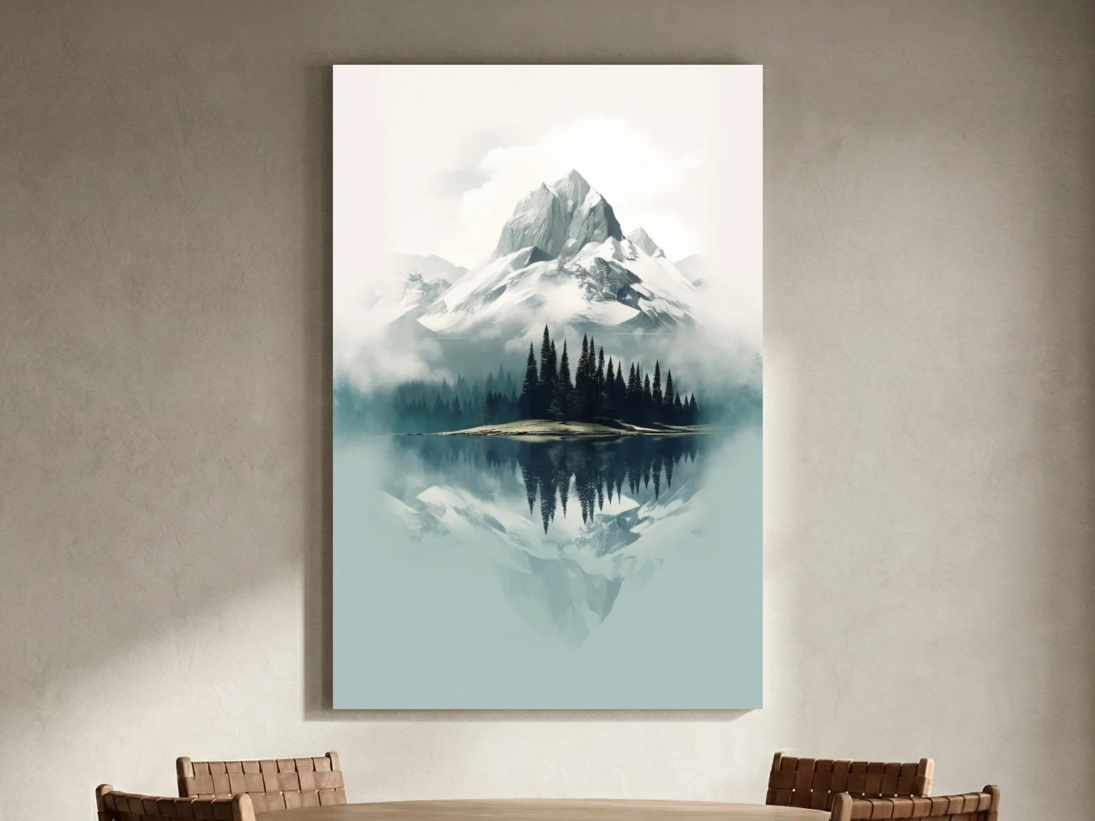 Misty Alpine Mountain Lake Reflection - Minimalist Watercolor Landscape Wall Art