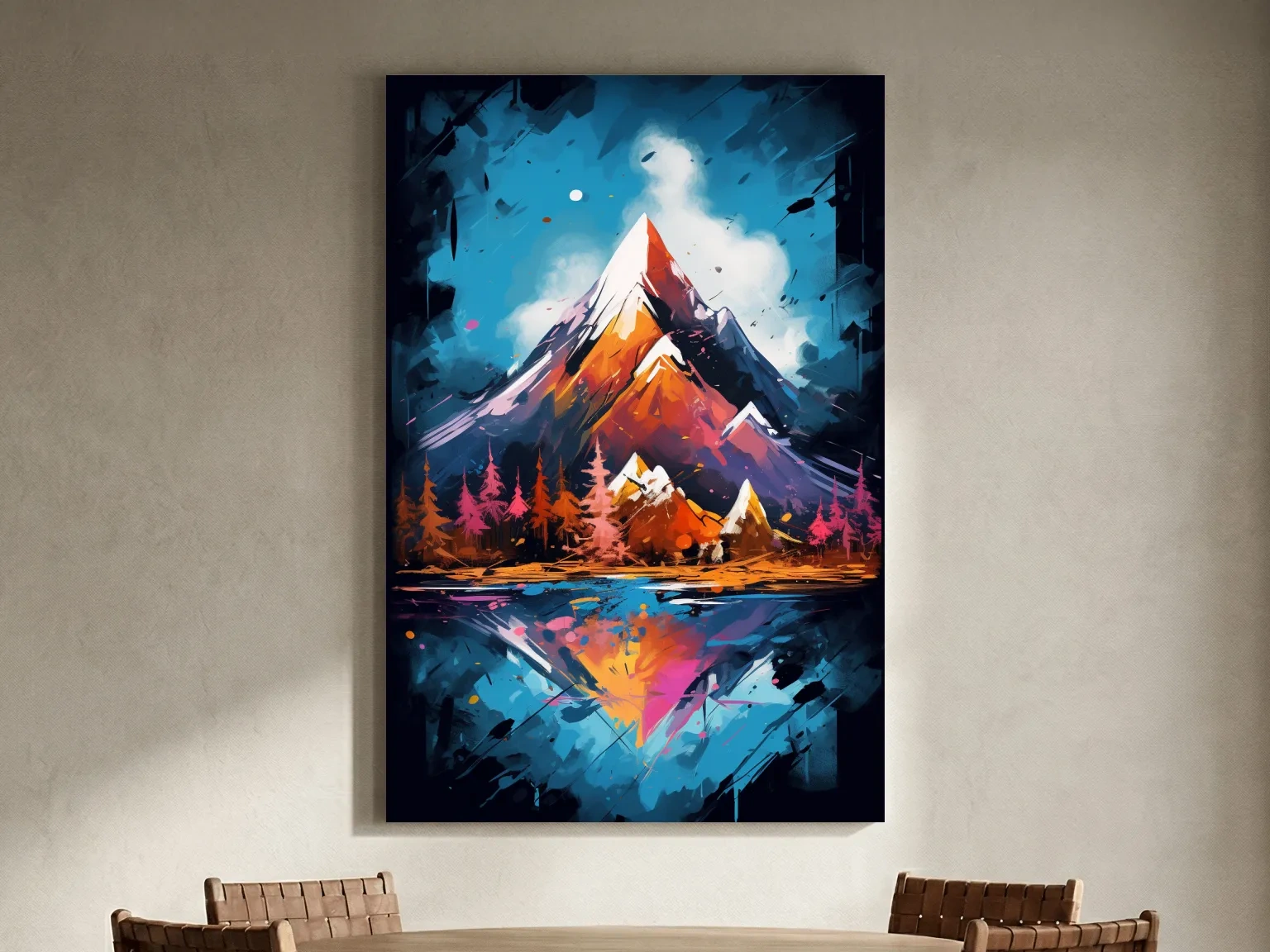 Vibrant Abstract Alpine Lake Painting - Colorful Mountain Forest Wall Art