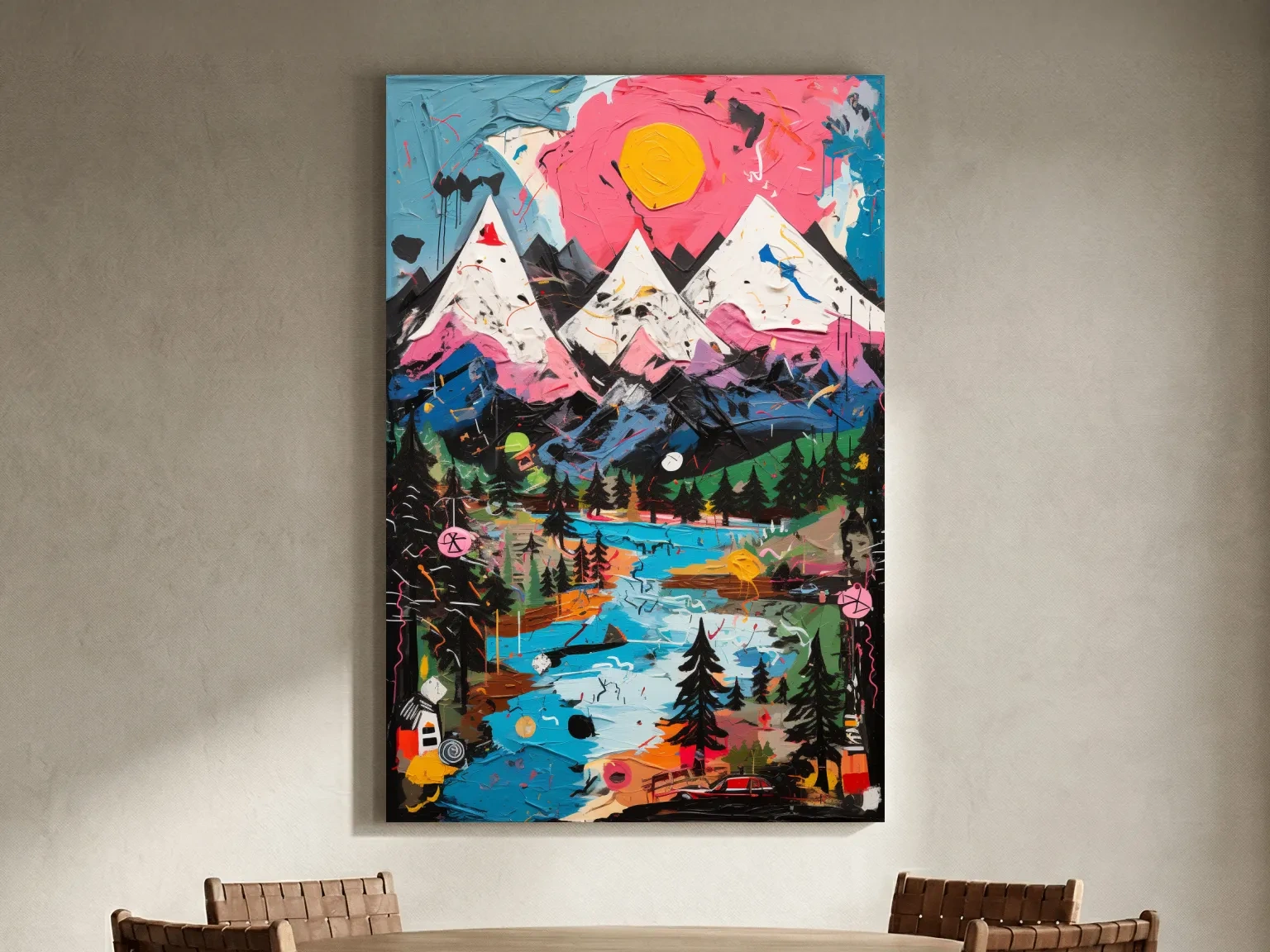 Vibrant Abstract Mountain Lake Sunset Painting - Colorful Modern Landscape Wall Art