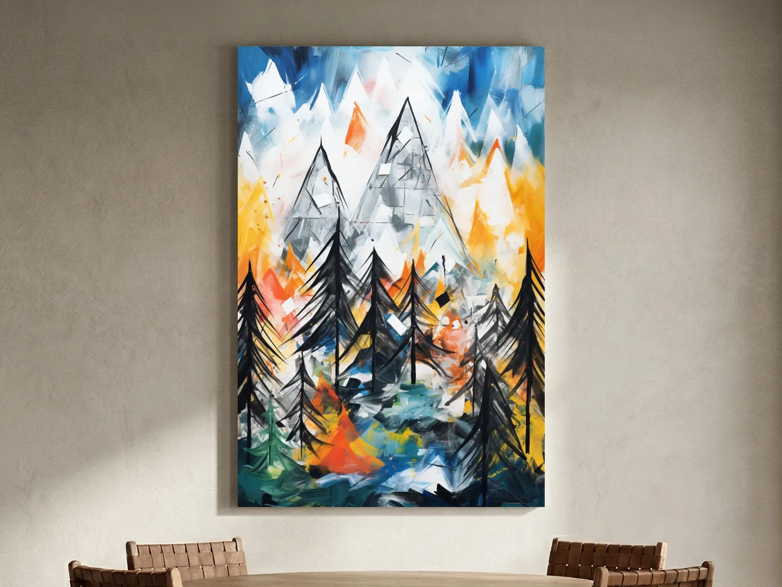 Abstract Alpine Mountain Peaks Painting - Colorful Energetic Pine Forest Landscape Wall Art