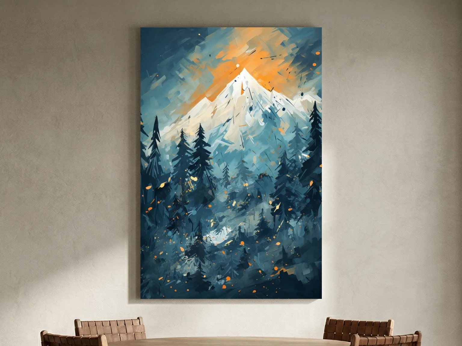 Abstract Snowy Mountain Peak Sunset - Moody Pine Forest Painting Wall Art