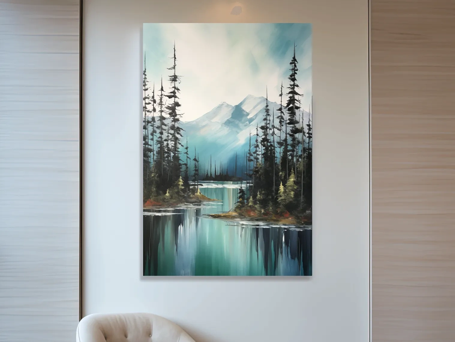 Alpine Turquoise Lake Watercolor Landscape - Serene Pine Forest Nature Wall Art