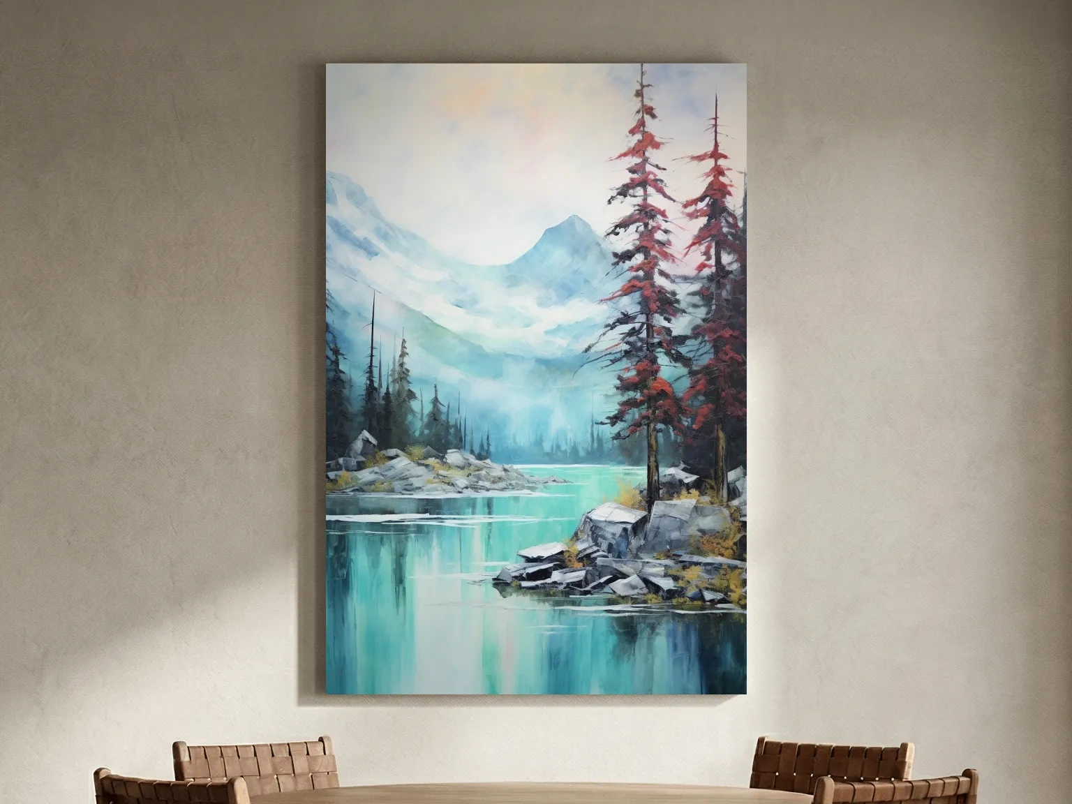 Misty Turquoise Alpine Lake Watercolor - Serene Mountain Landscape Wall Art