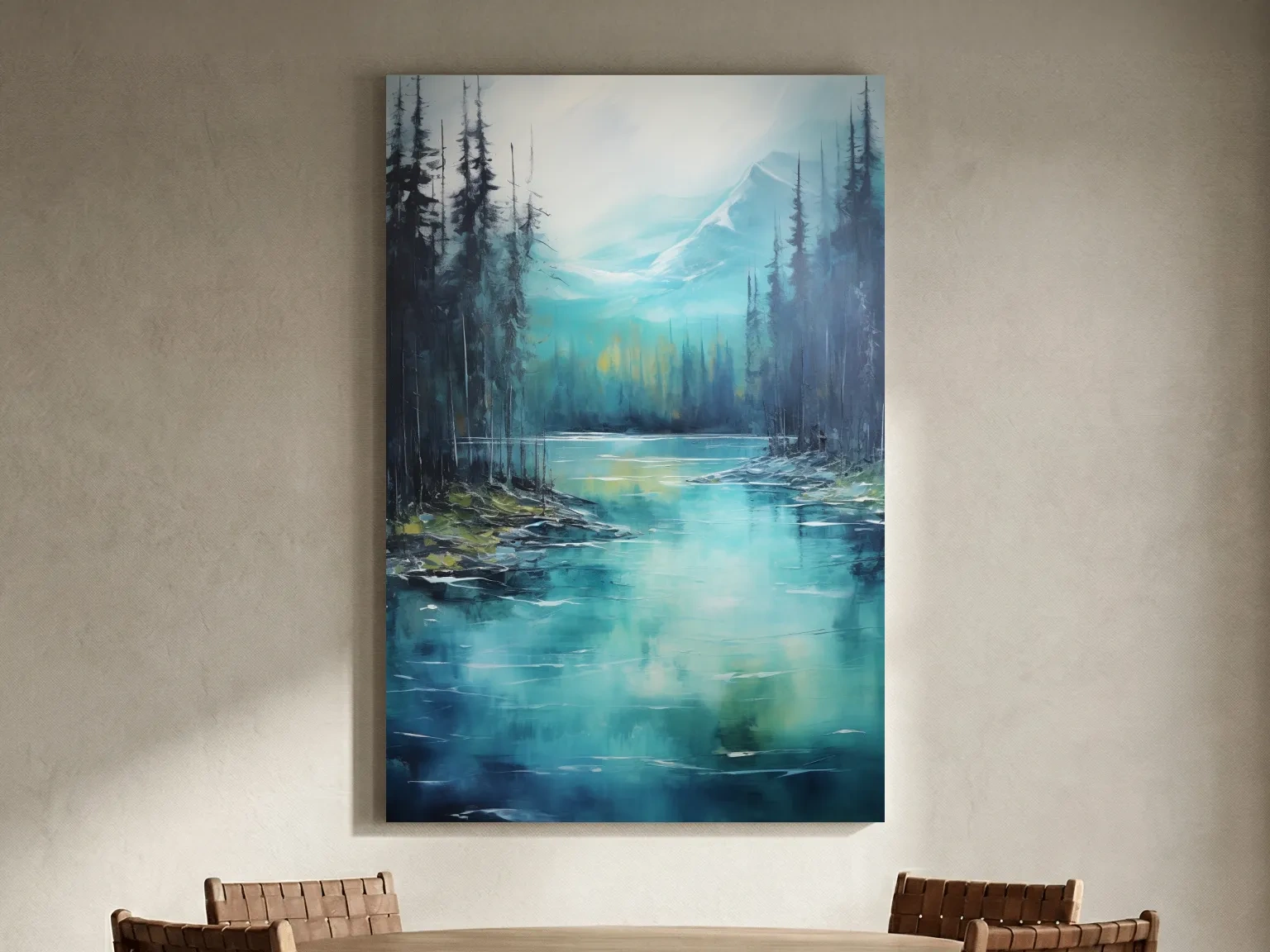 Misty Mountain Lake Reflection - Serene Forest Oil Panting Wall Art