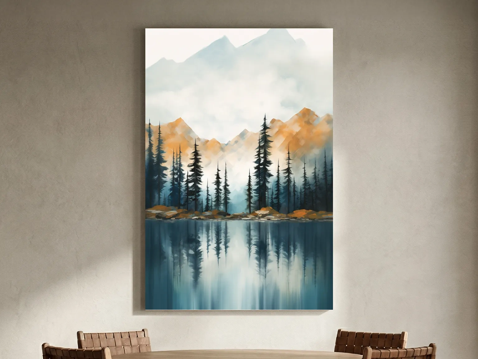 Misty Watercolor Mountain Lake Reflection - Serene Pine Forest Landscape Wall Art