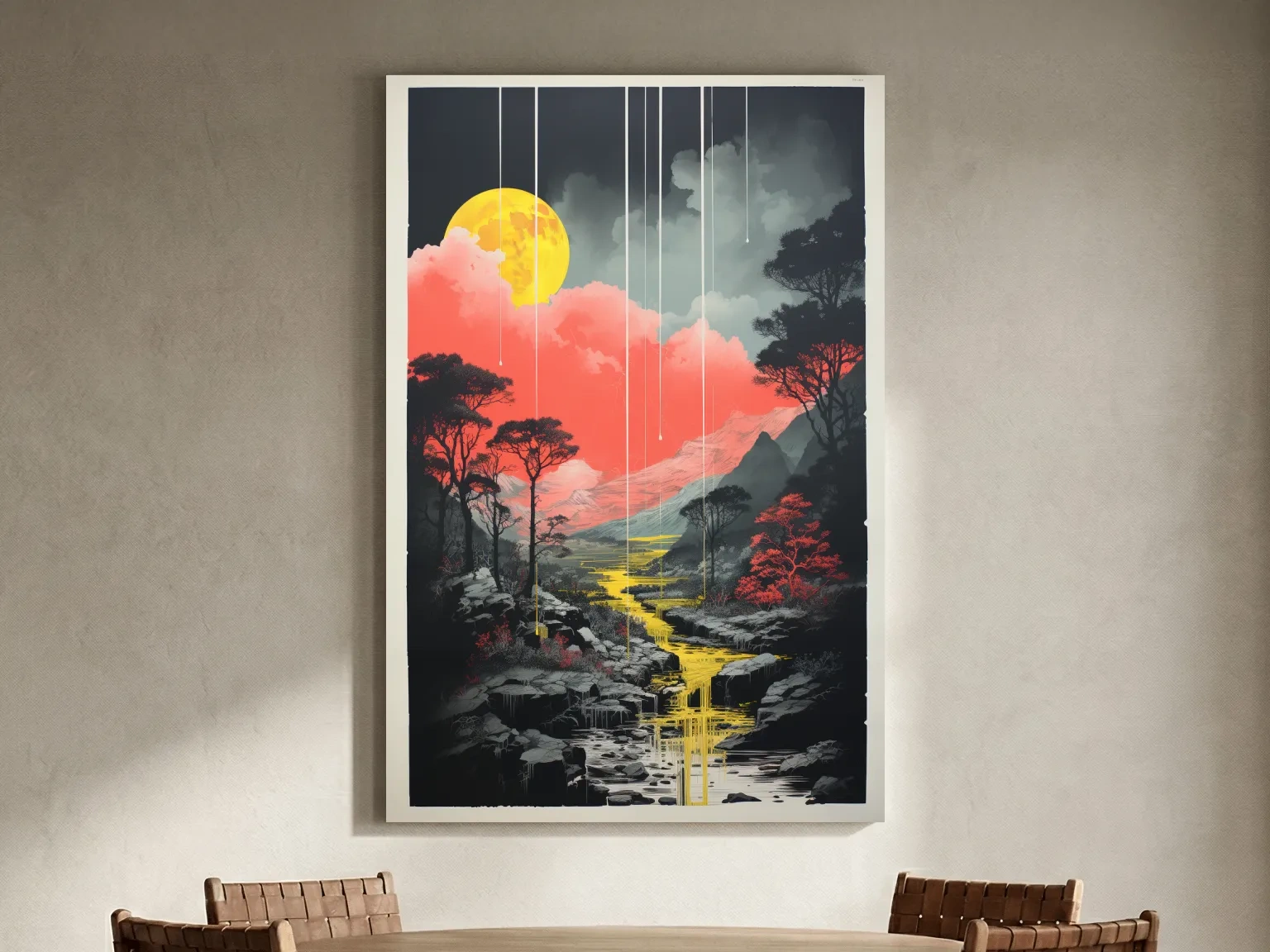 Surreal Moonlit Mountain River Landscape - Fantasy Nature Wall Art