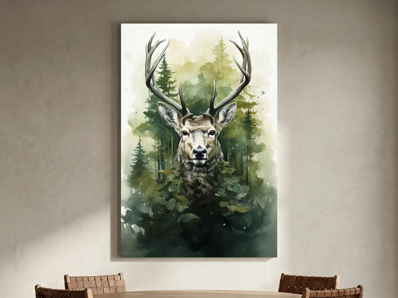 Watercolor Deer Portrait In Misty Pine Forest - Woodland Wildlife Wall Art