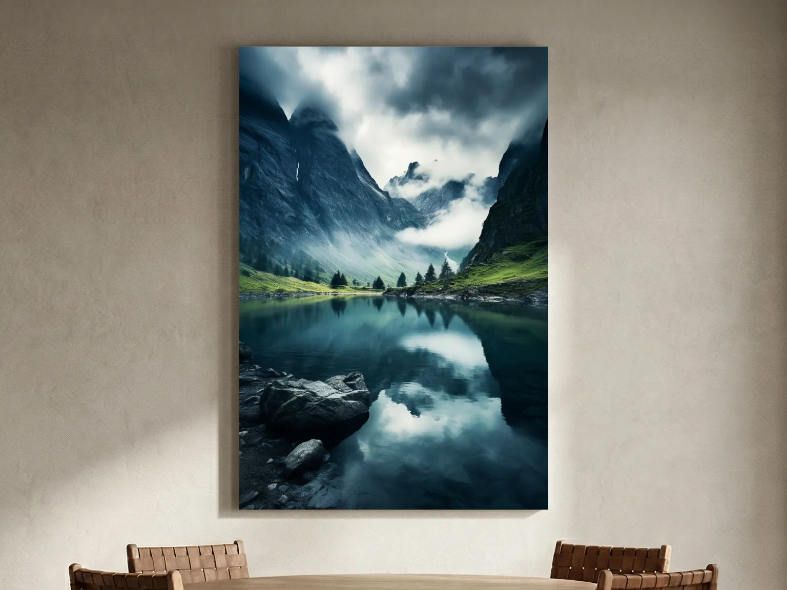 Moody Misty Alpine Lake Reflection - Dramatic Photographic Mountain Wall Art