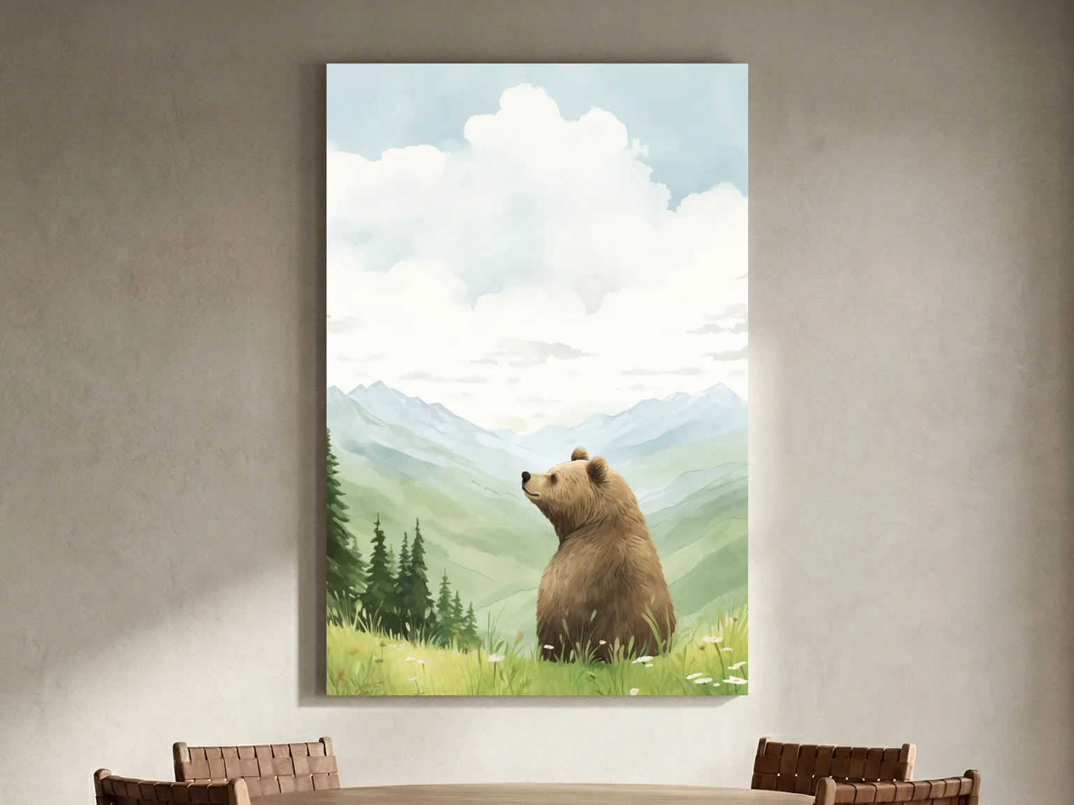 Whimsical Watercolor Bear In Mountain Meadow - Serene Nursery Wildlife Art