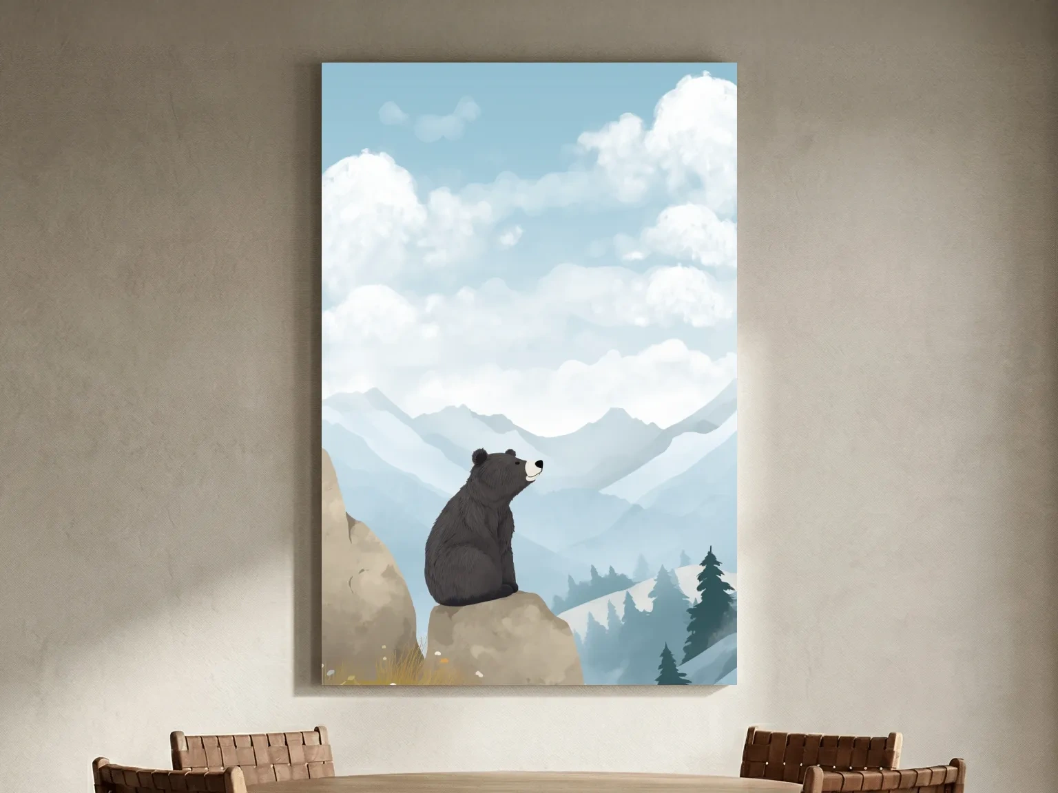 Whimsical Black Bear Mountain Landscape Illustration - Cute Animal Nursery Wall Art