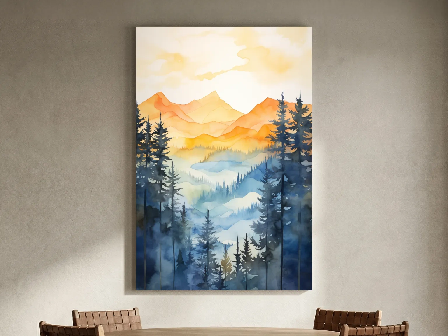 Golden Watercolor Mountain Sunrise Painting - Misty Alpine Forest Artwork