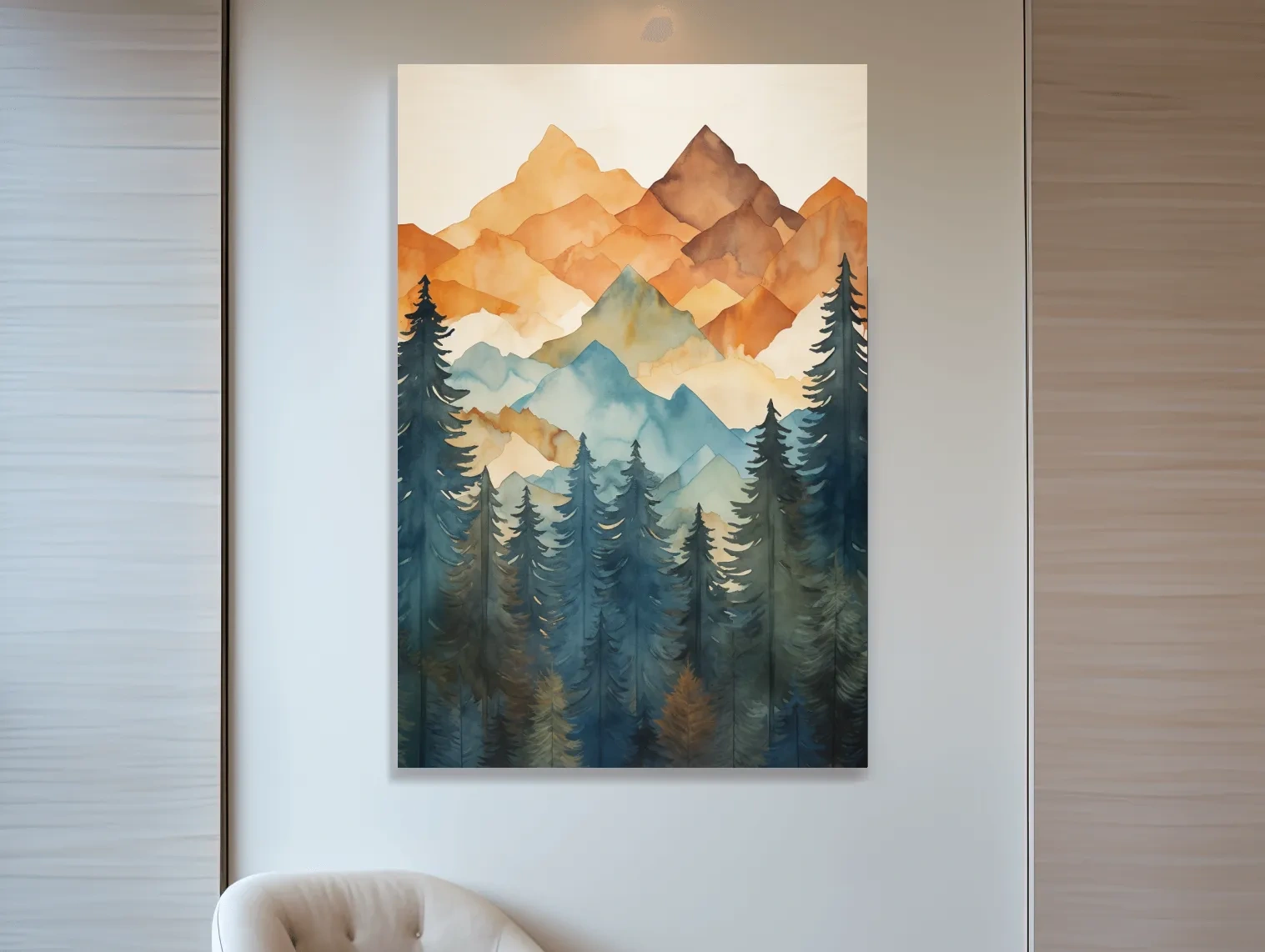 Simple watercolor painting of mountains and trees - Gallery wrapped canvas  artwork | Mountain Canvas