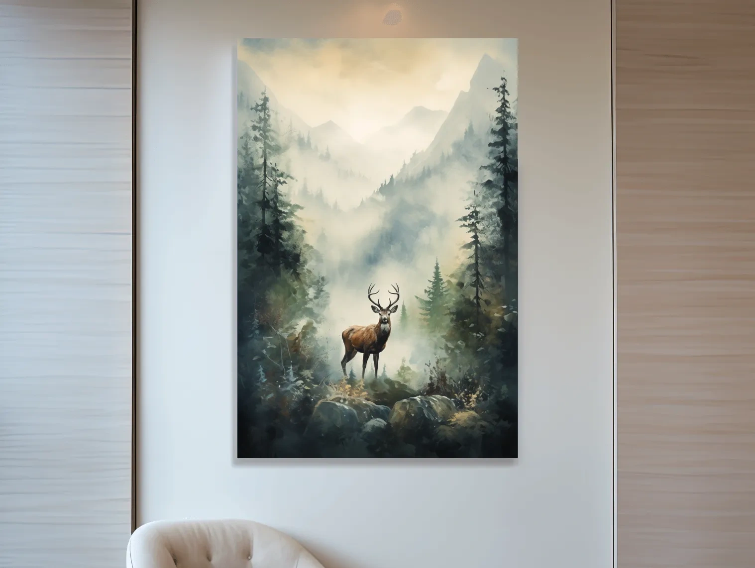 Misty Alpine Forest Deer Painting - Atmospheric Mountain Wildlife Wall Art