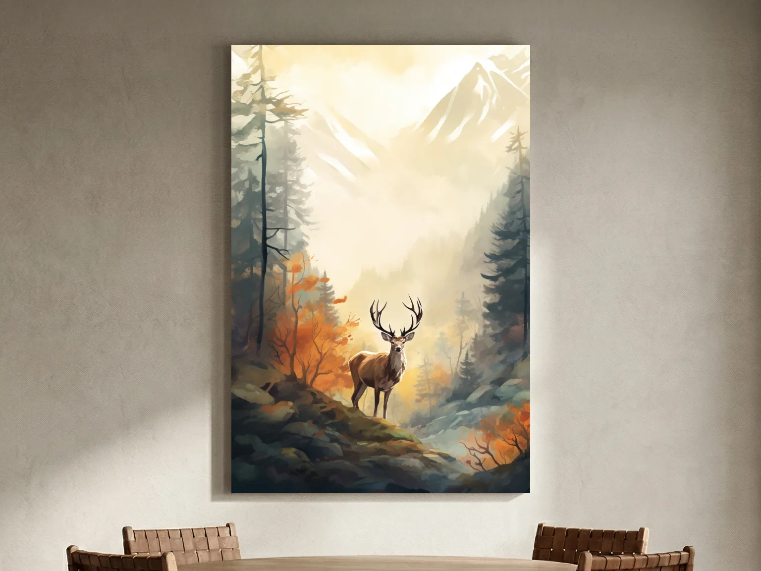 Majestic Stag In Misty Mountain Forest - Autumn Watercolor Wildlife Wall Art