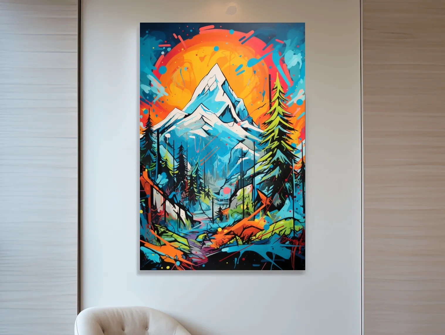 Graffitti inspired art of sunset over a glacier, vibrant wall art