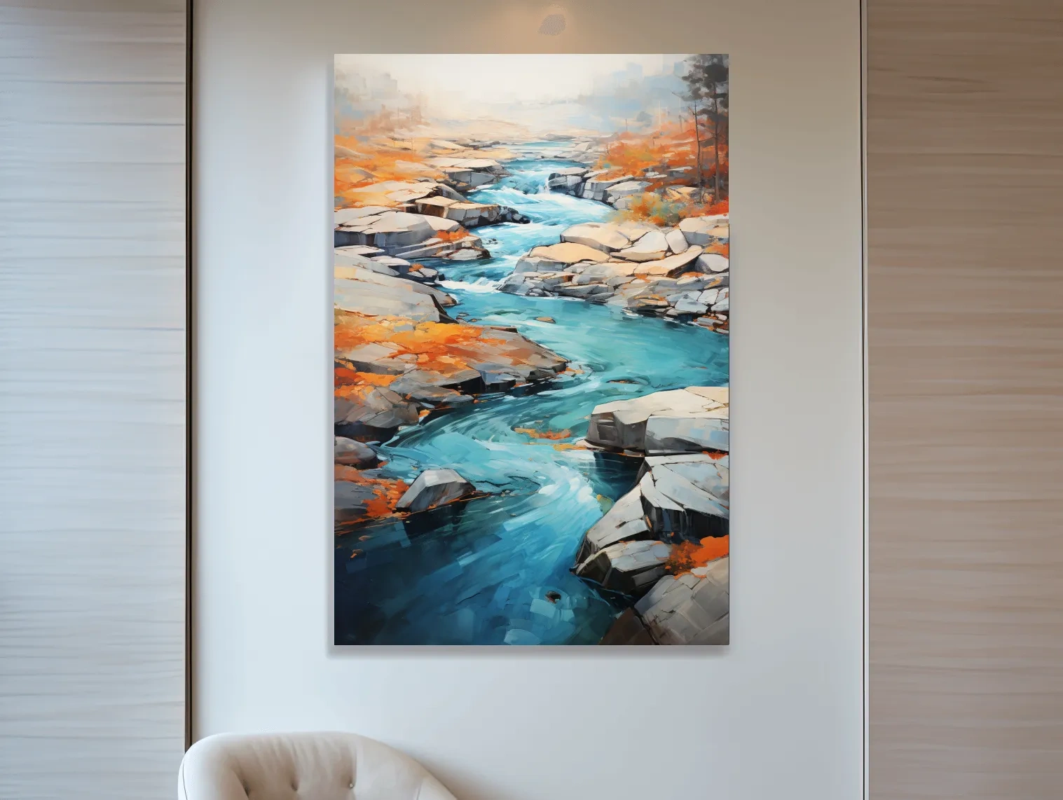 Serene painting of a river flowing through the rocks in fall