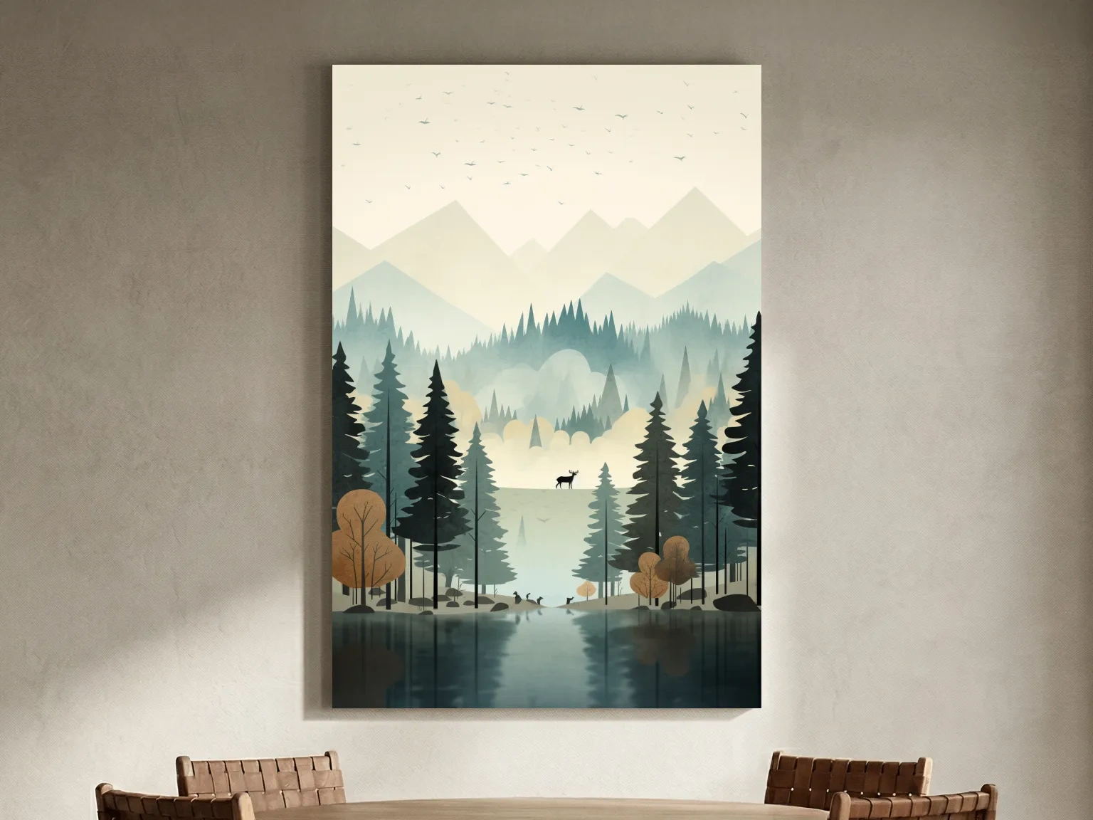 Alpine Lake Forest With Deer - Scandinavian Minimalist Wall Art