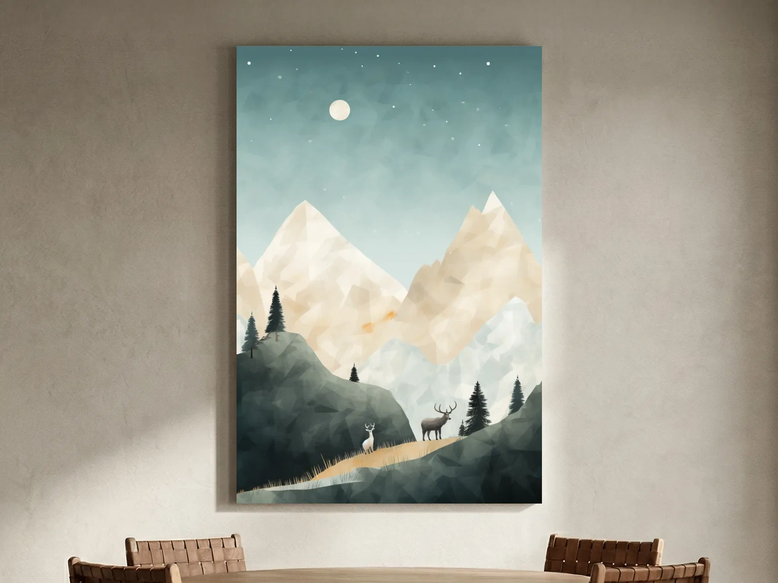 Mountain Deer Landscape Illustration - Minimalist Alpine Forest Wildlife Wall Art